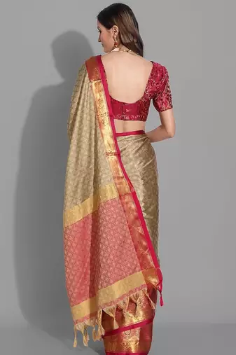 Beige jacquard woven zari work saree with blouse