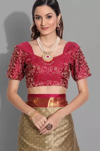Beige jacquard woven zari work saree with blouse