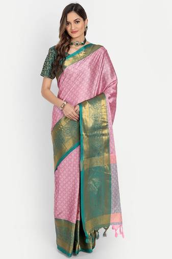 Pink jacquard woven zari work saree with blouse