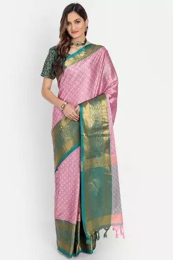 Pink jacquard woven zari work saree with blouse