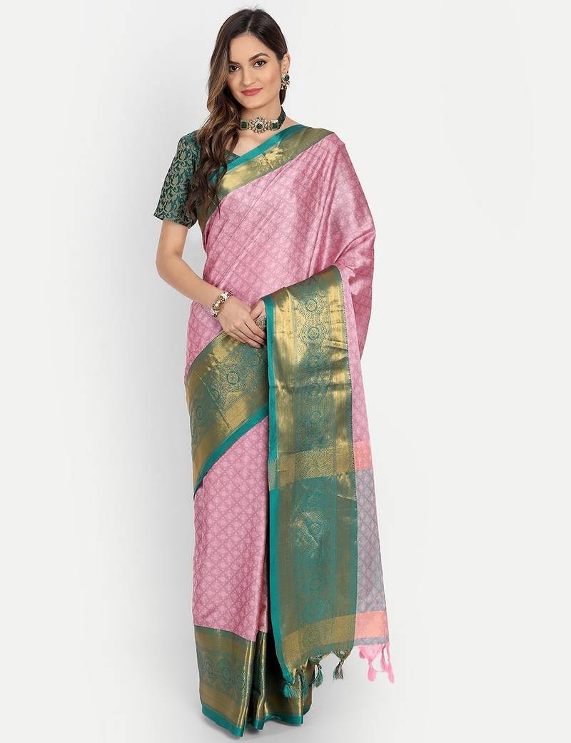 Pink jacquard woven zari work saree with blouse