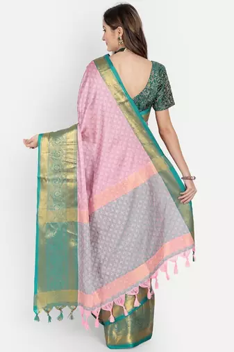 Pink jacquard woven zari work saree with blouse