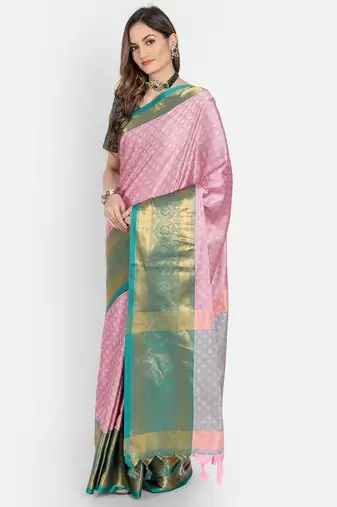 Pink jacquard woven zari work saree with blouse