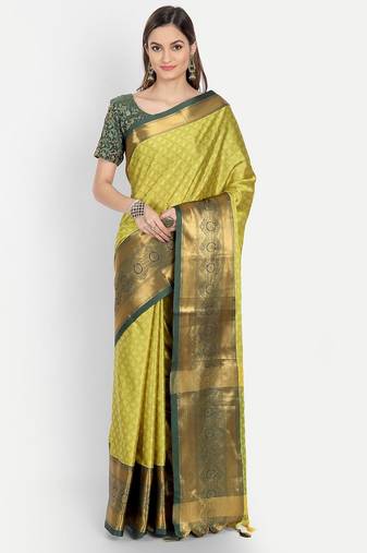 Yellow jacquard woven zari work saree with blouse