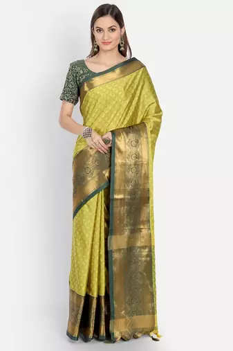 Yellow jacquard woven zari work saree with blouse