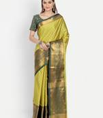 Yellow jacquard woven zari work saree with blouse