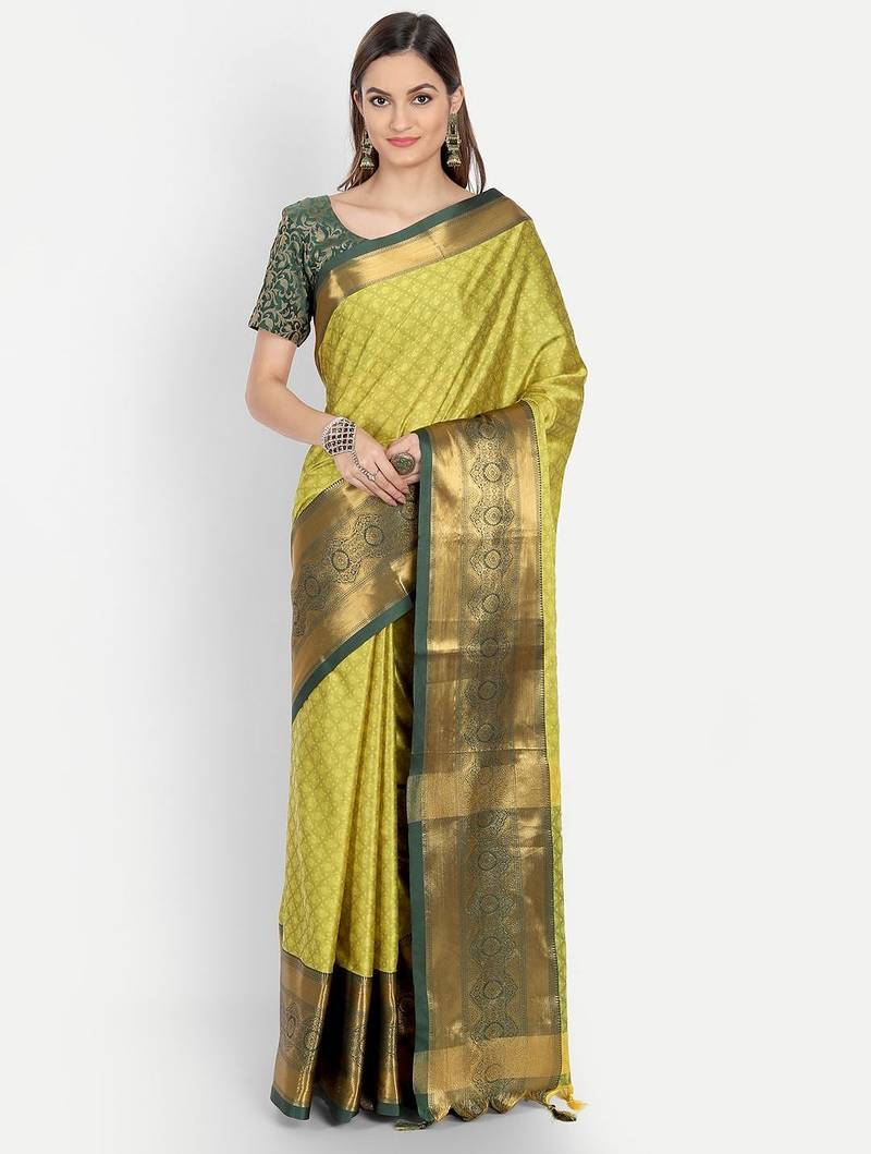 Yellow jacquard woven zari work saree with blouse