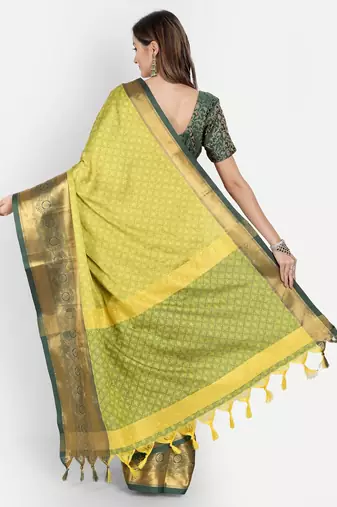 Yellow jacquard woven zari work saree with blouse
