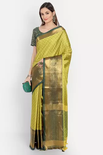 Yellow jacquard woven zari work saree with blouse