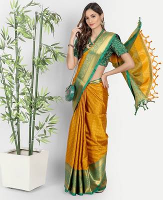 Orange jacquard woven zari work saree with blouse 1