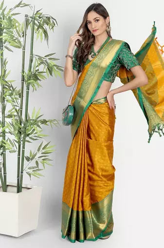 Orange jacquard woven zari work saree with blouse
