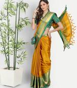 Orange jacquard woven zari work saree with blouse