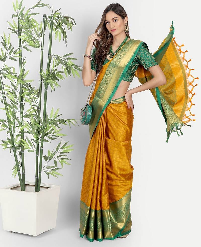 Orange jacquard woven zari work saree with blouse