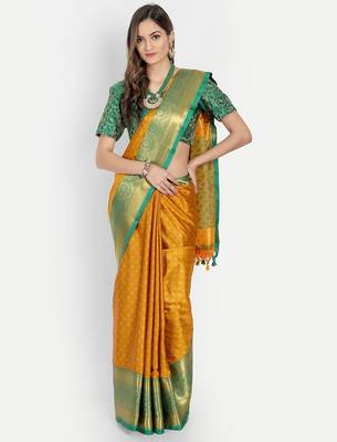 Orange jacquard woven zari work saree with blouse 2