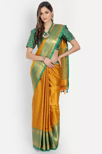 Orange jacquard woven zari work saree with blouse