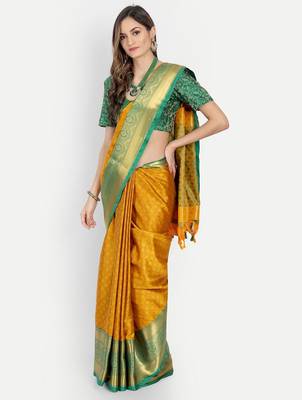 Orange jacquard woven zari work saree with blouse 3