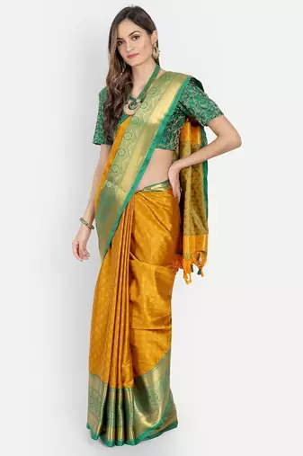 Orange jacquard woven zari work saree with blouse