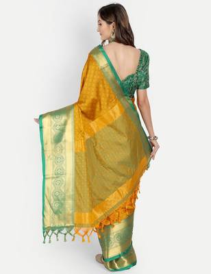 Orange jacquard woven zari work saree with blouse 4