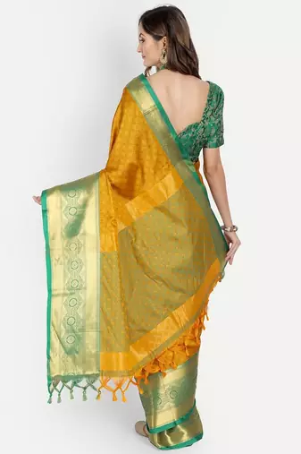 Orange jacquard woven zari work saree with blouse