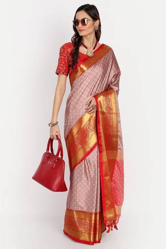 Pink jacquard woven zari work saree with blouse