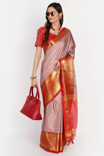 Pink jacquard woven zari work saree with blouse