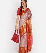 Pink jacquard woven zari work saree with blouse