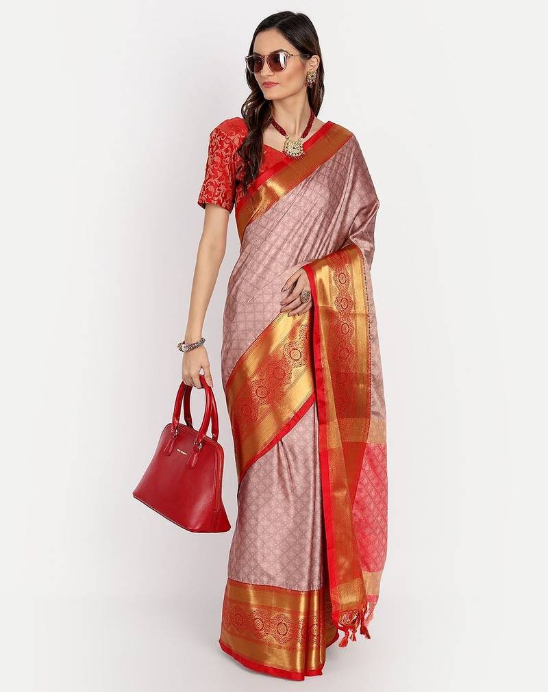 Pink jacquard woven zari work saree with blouse
