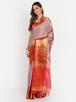 Pink jacquard woven zari work saree with blouse 2