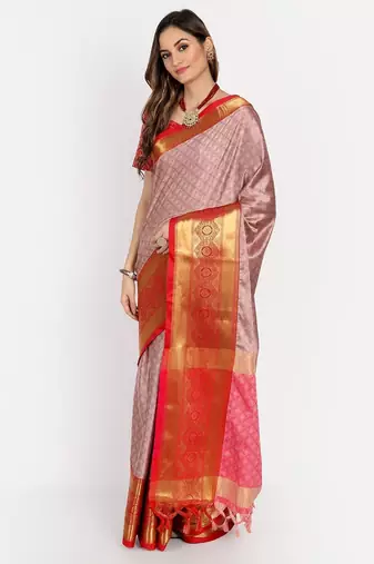 Pink jacquard woven zari work saree with blouse