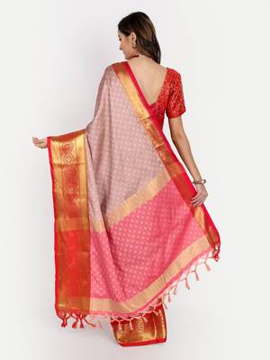 Pink jacquard woven zari work saree with blouse 3