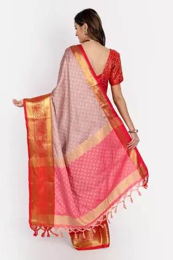 Pink jacquard woven zari work saree with blouse