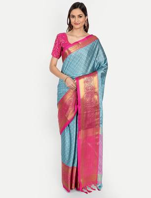 Light blue jacquard woven zari work saree with blouse 1