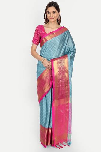 Light blue jacquard woven zari work saree with blouse