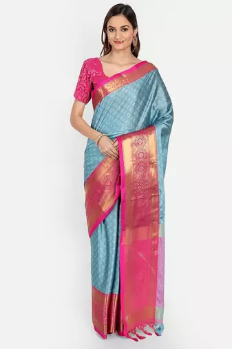 Light blue jacquard woven zari work saree with blouse