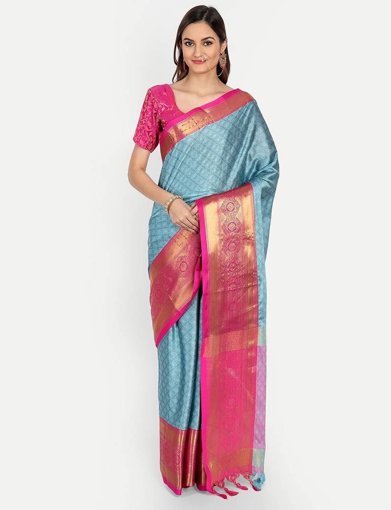 Light blue jacquard woven zari work saree with blouse