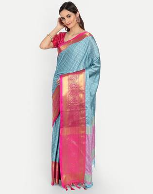 Light blue jacquard woven zari work saree with blouse 2