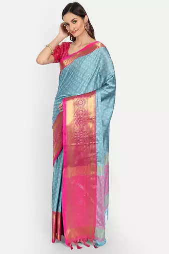 Light blue jacquard woven zari work saree with blouse