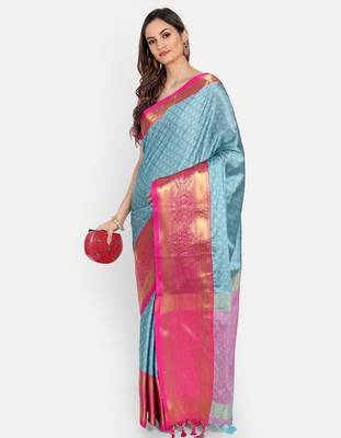 Light blue jacquard woven zari work saree with blouse 3
