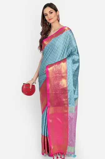 Light blue jacquard woven zari work saree with blouse