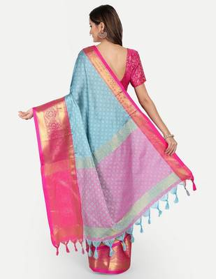Light blue jacquard woven zari work saree with blouse 4