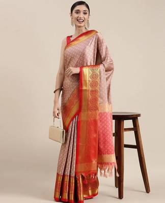 Pink blended cotton woven zari work saree with blouse 1