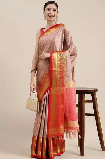 Pink blended cotton woven zari work saree with blouse