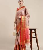 Pink blended cotton woven zari work saree with blouse
