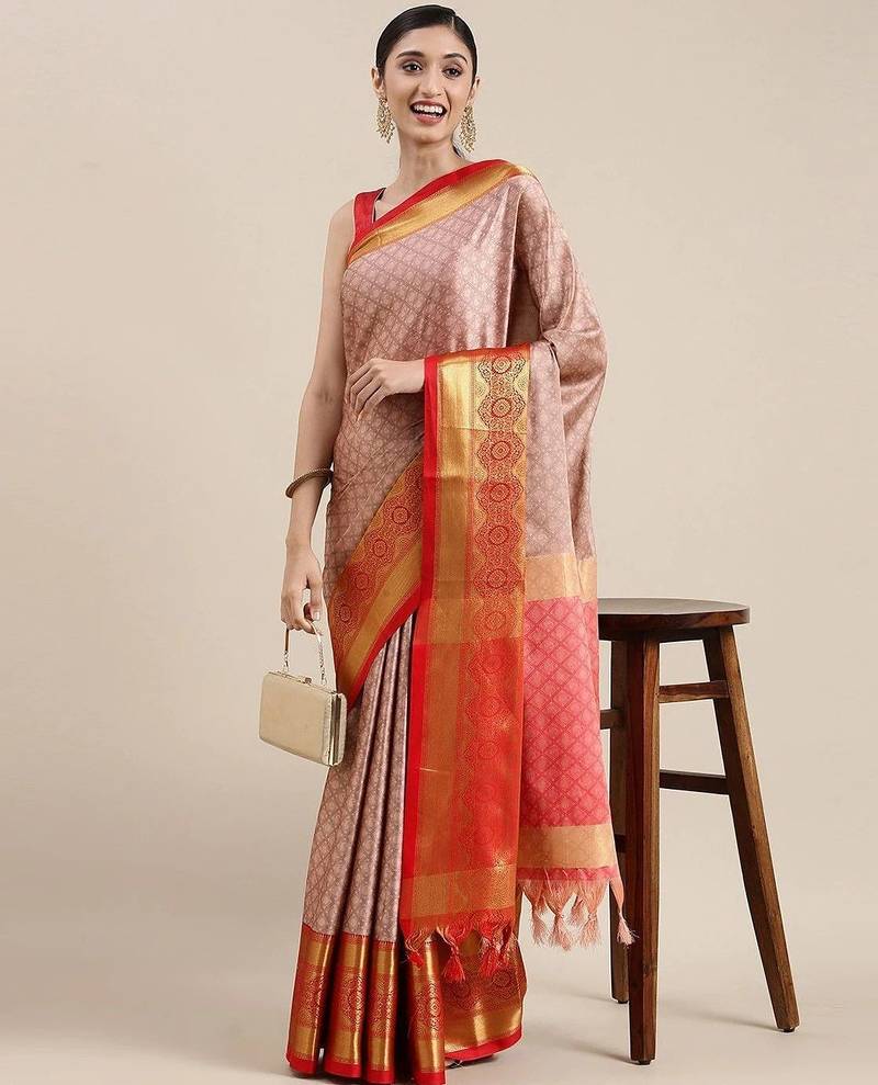 Pink blended cotton woven zari work saree with blouse