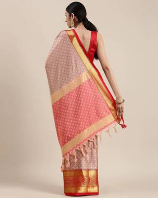 Pink blended cotton woven zari work saree with blouse 2