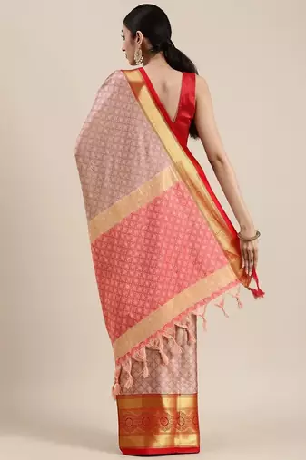 Pink blended cotton woven zari work saree with blouse