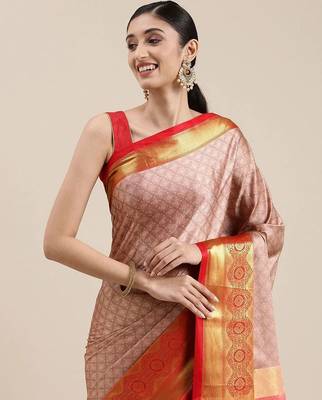 Pink blended cotton woven zari work saree with blouse 3