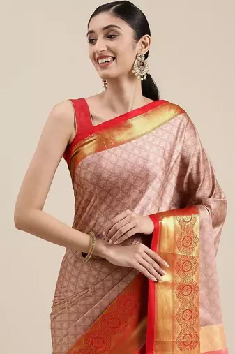 Pink blended cotton woven zari work saree with blouse