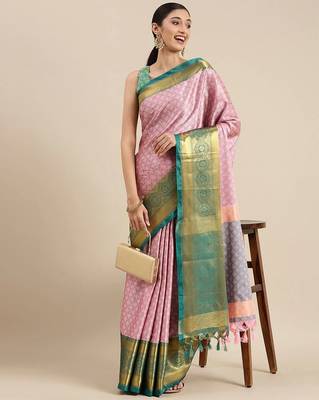 Pink blended cotton woven zari work saree with blouse 1