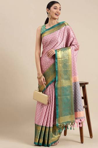 Pink blended cotton woven zari work saree with blouse